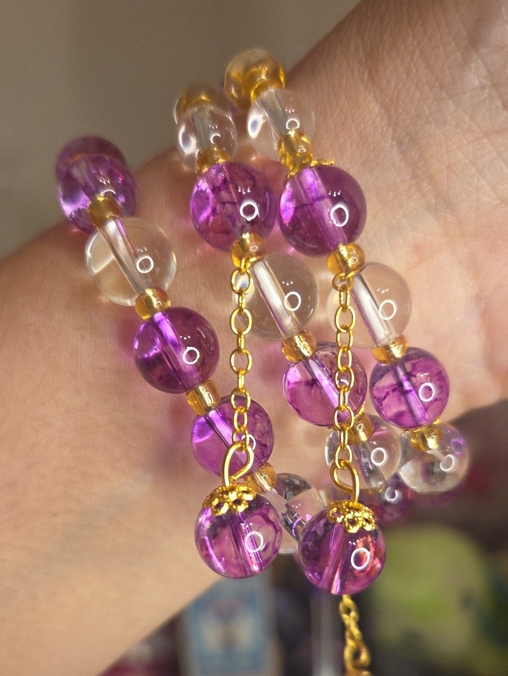 Gold-Plated Purple and Clear Beaded Bracelet - Elegant Women's Jewelry